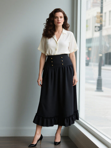 Black midi skirt with ruffled hem and gold buttoned waistband detail