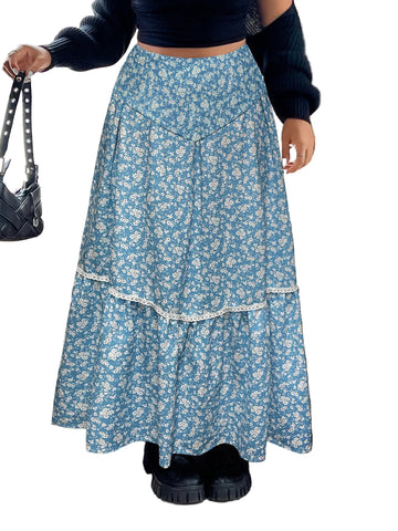 Blue floral maxi skirt with tiered ruffle hem and white trim