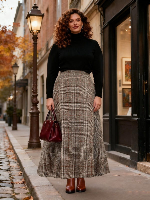 Plaid maxi skirt with high waist, A-line drape in tan and dark brown plaid