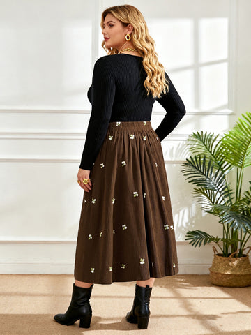Bulk Brown Plus Size Midi Skirt with Floral 169 Pcs