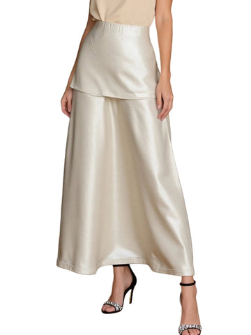 Cream satin maxi skirt close-up: elastic waistband and tiered ruffle detail.