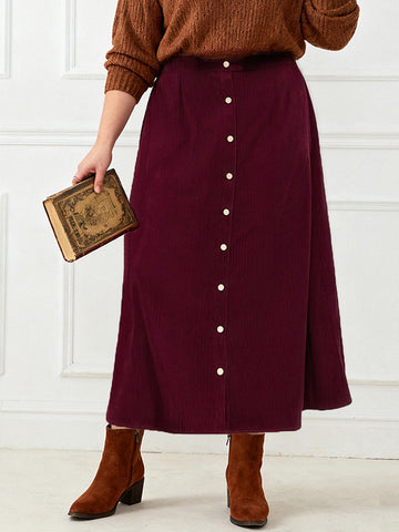 Bulk Burgundy Button-Front Plus Size Midi Skirt 147 Pcs