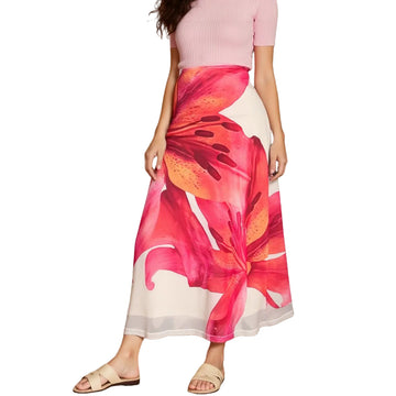 Floral print maxi skirt with pink, red, and beige panels, flowy hem