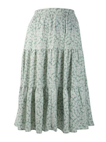 Light green ditsy floral tiered maxi skirt with gathered ruffle tiers