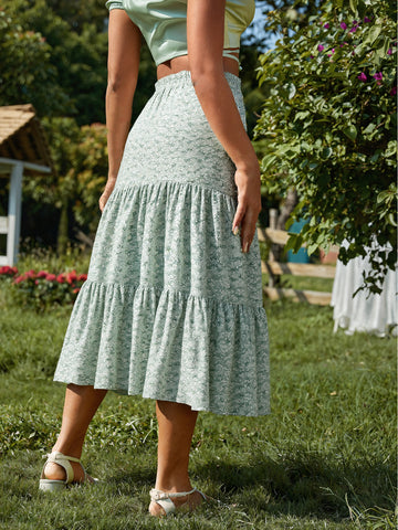 Light green ditsy floral tiered skirt with gathered ruffle hem