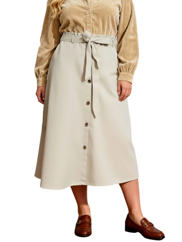 Beige button-front midi skirt with tied waist and front button placket