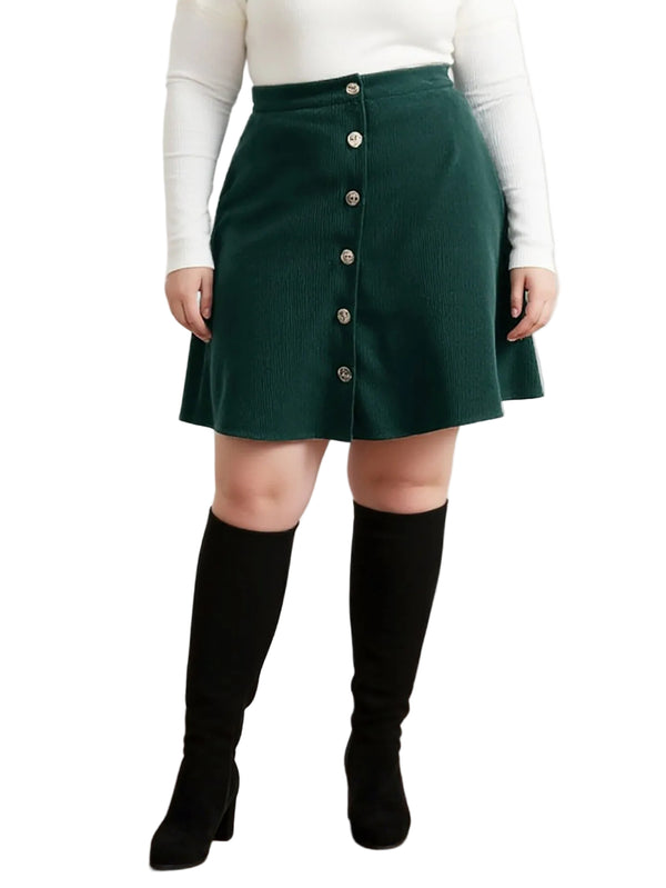 Dark green mini skirt with front button placket and A-line flare