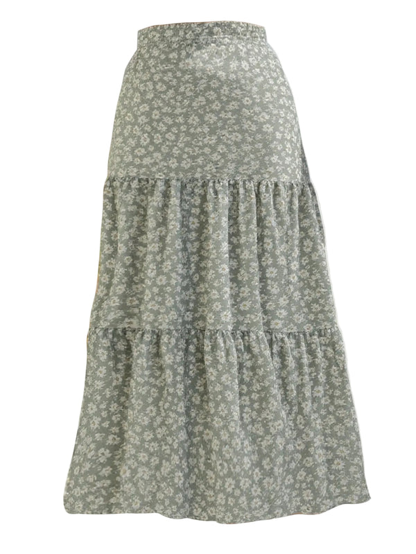 Sage green ditsy floral tiered maxi skirt with elastic waistband and ruffle hem