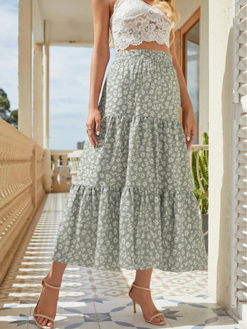 Bulk Sage Green Ditsy Floral Maxi Skirt 65 Pcs