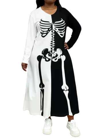 Skeleton print maxi dress, long sleeves, black-and-white front panel, round neck