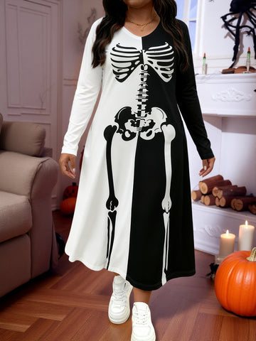 Skeleton print plus size maxi dress, long sleeves, black-and-white panel front, side view