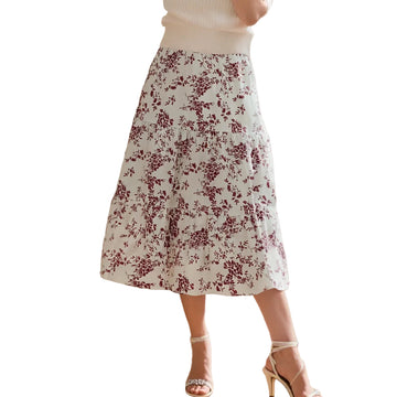 Tiered midi skirt with burgundy floral print, white background, elastic waistband