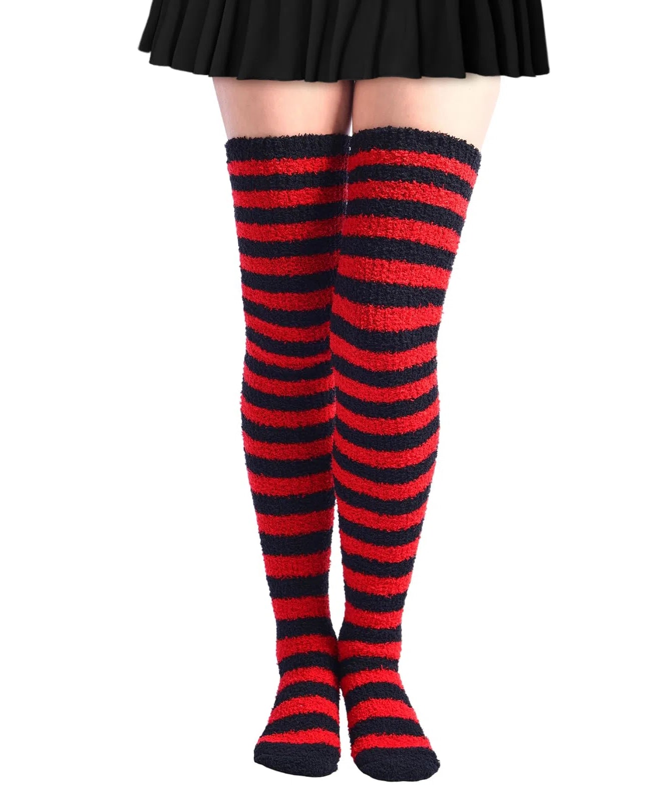 Coral Fleece Striped Thigh High Socks - Black & Red