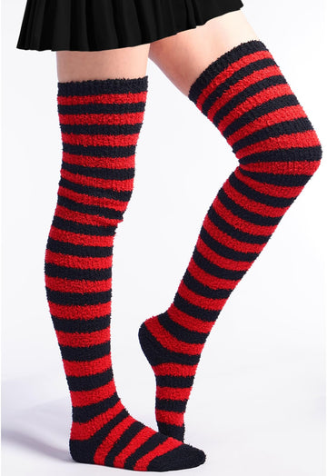 Coral Fleece Striped Thigh High Socks - Black & Red