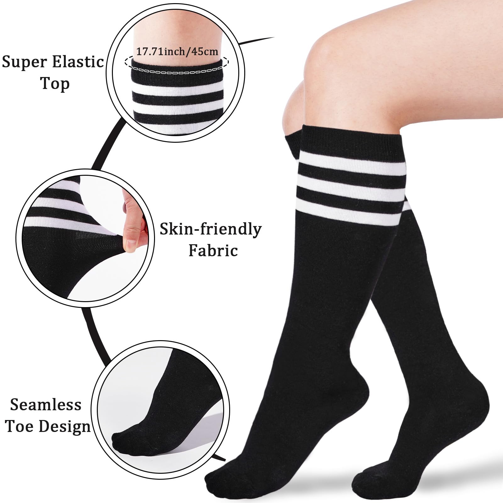 Cotton Knee High Socks Stripes Tube-Black & White - Moon Wood