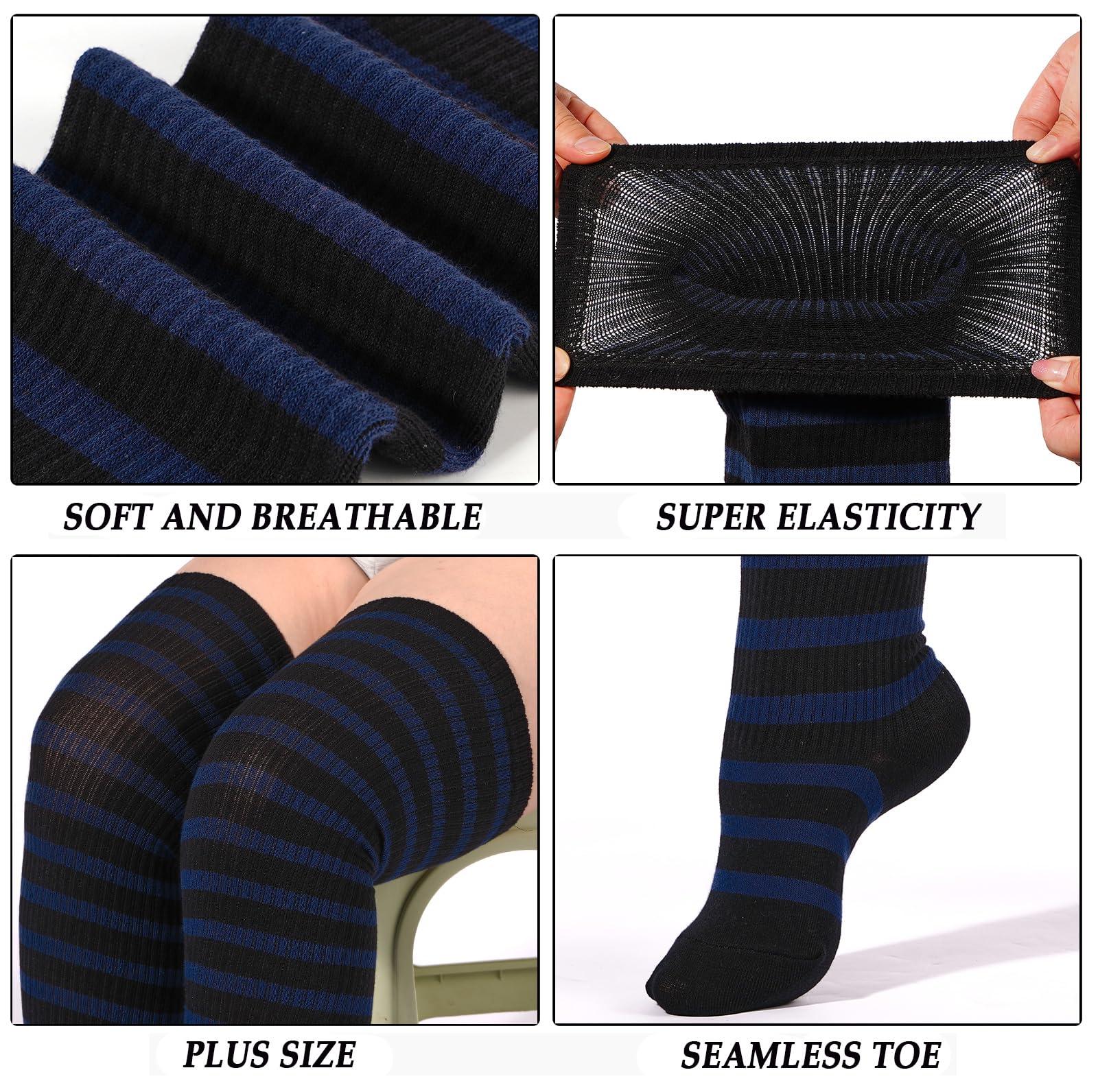 Cotton Plus Size Thigh High Socks-Black & Blue-Moon Wood