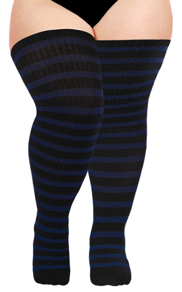 Cotton Plus Size Thigh High Socks-Black & Blue