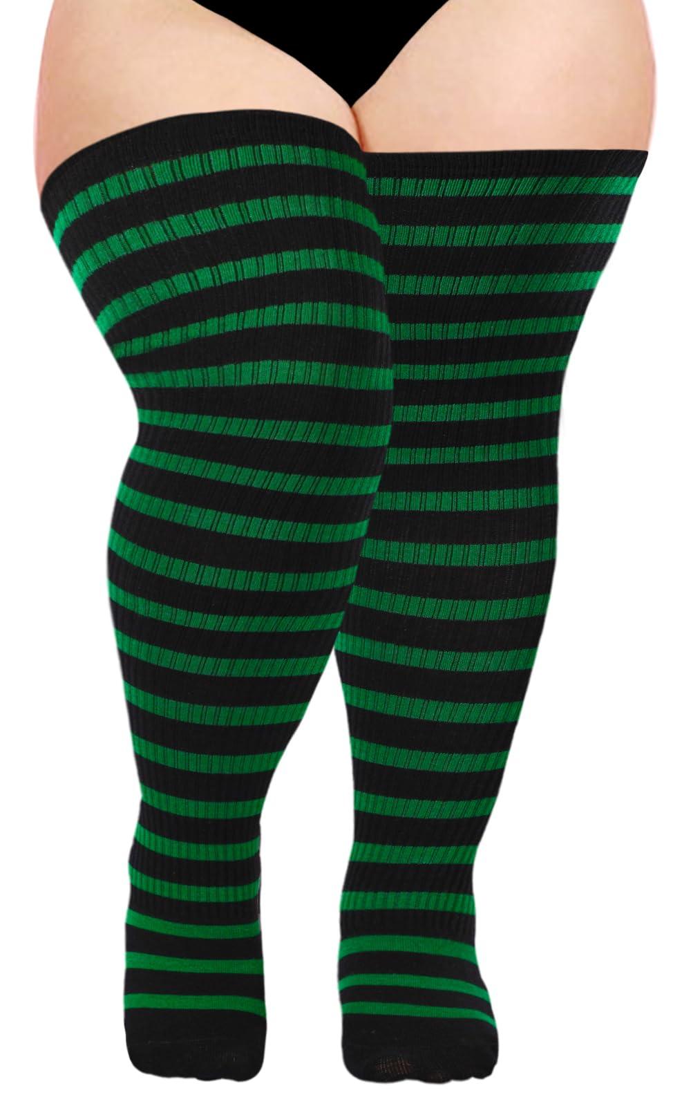 Cotton Plus Size Thigh High Socks-Black & Green-Moon Wood