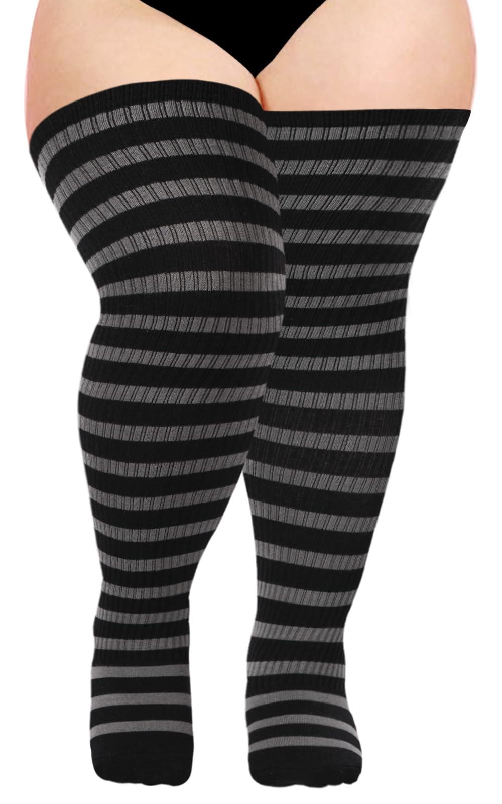 Cotton Plus Size Thigh High Socks-Black & Grey-Moon Wood