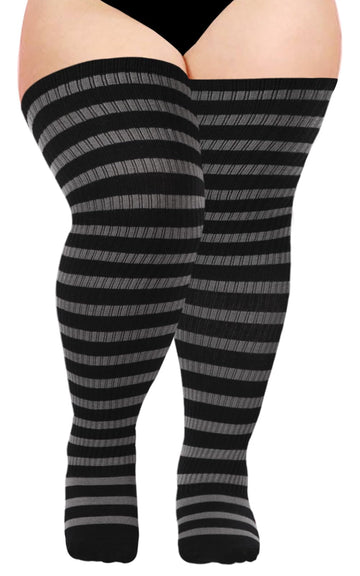 Cotton Plus Size Thigh High Socks-Black & Grey