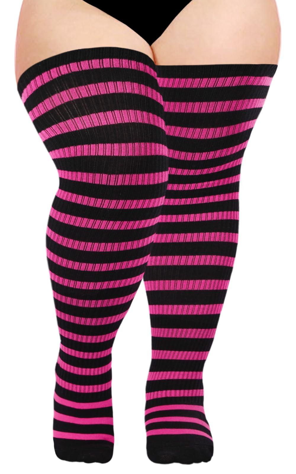 Cotton Plus Size Thigh High Socks-Black & Light Rose Red-Moon Wood