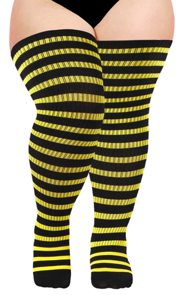 Cotton Plus Size Thigh High Socks-Black & Pine Yellow