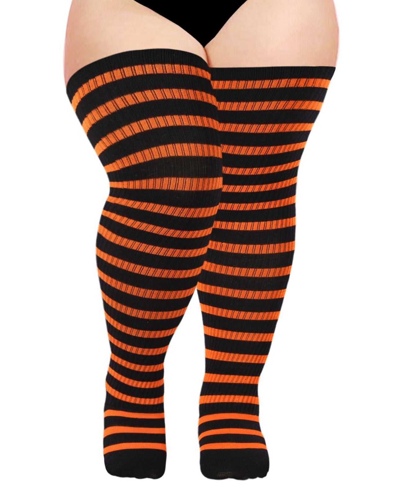 Cotton Plus Size Thigh High Socks-Black & Pumpkin