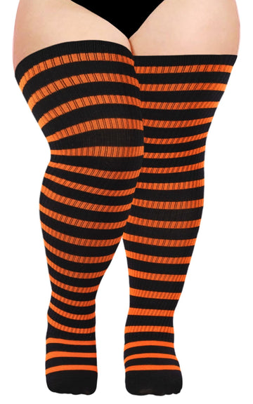 Cotton Plus Size Thigh High Socks-Black & Pumpkin