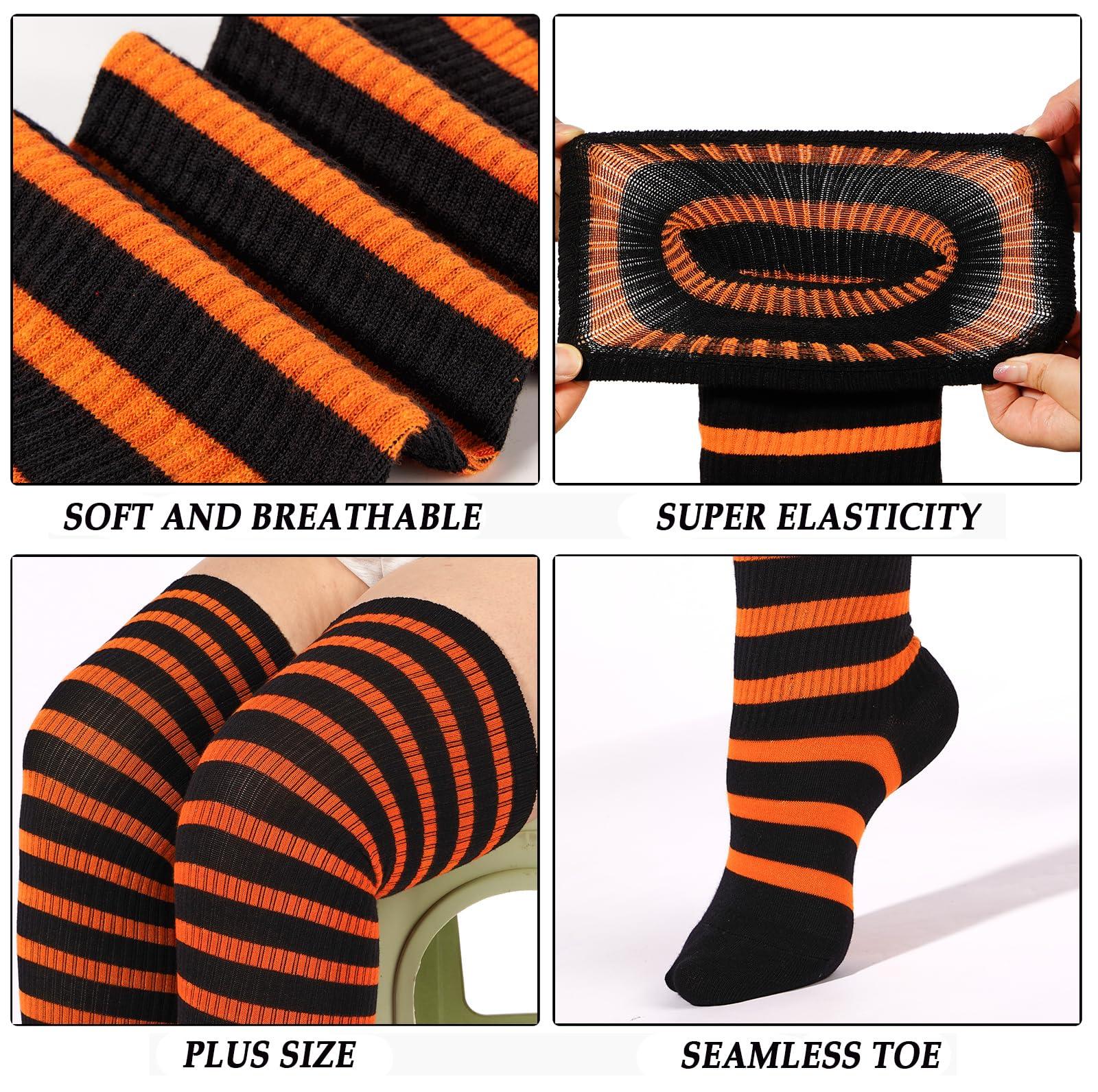 Cotton Plus Size Thigh High Socks-Black & Pumpkin-Moon Wood