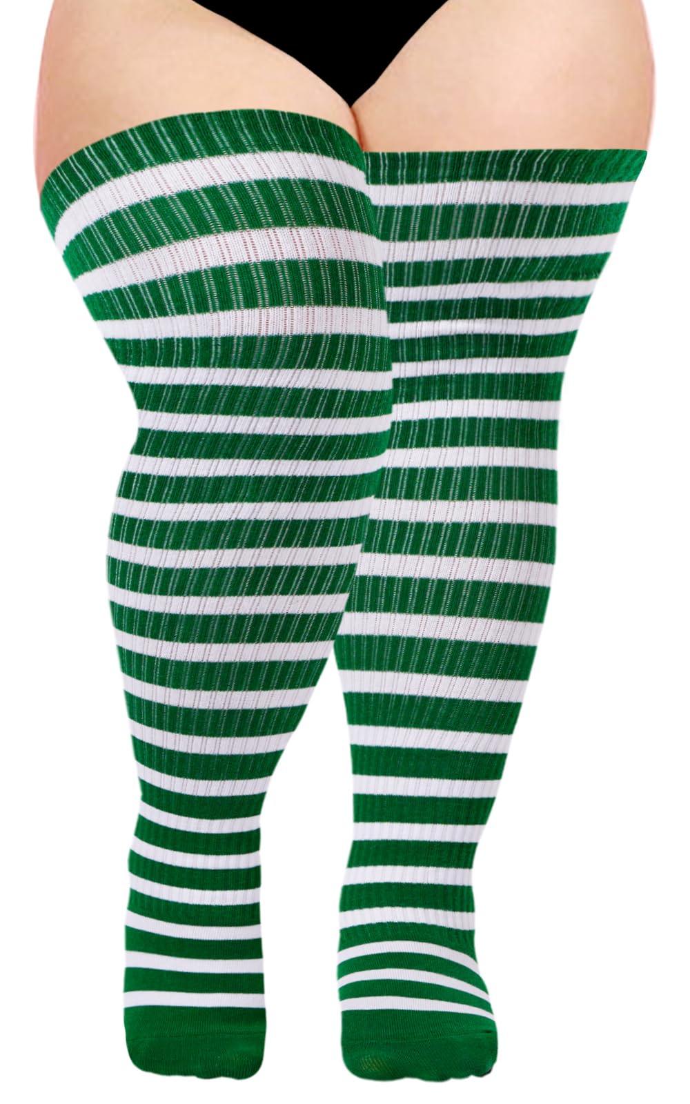 Cotton Plus Size Thigh High Socks-Green & White-Moon Wood