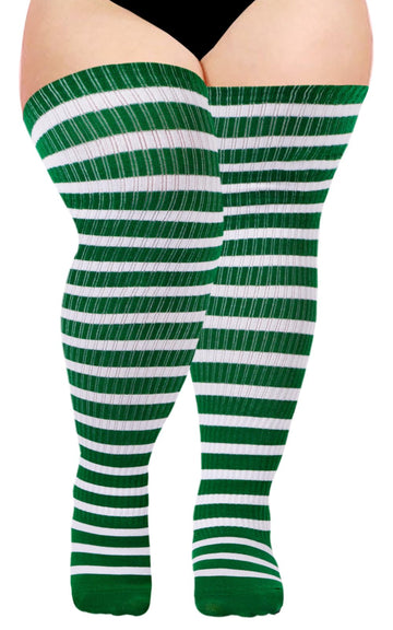 Cotton Plus Size Thigh High Socks-Green & White