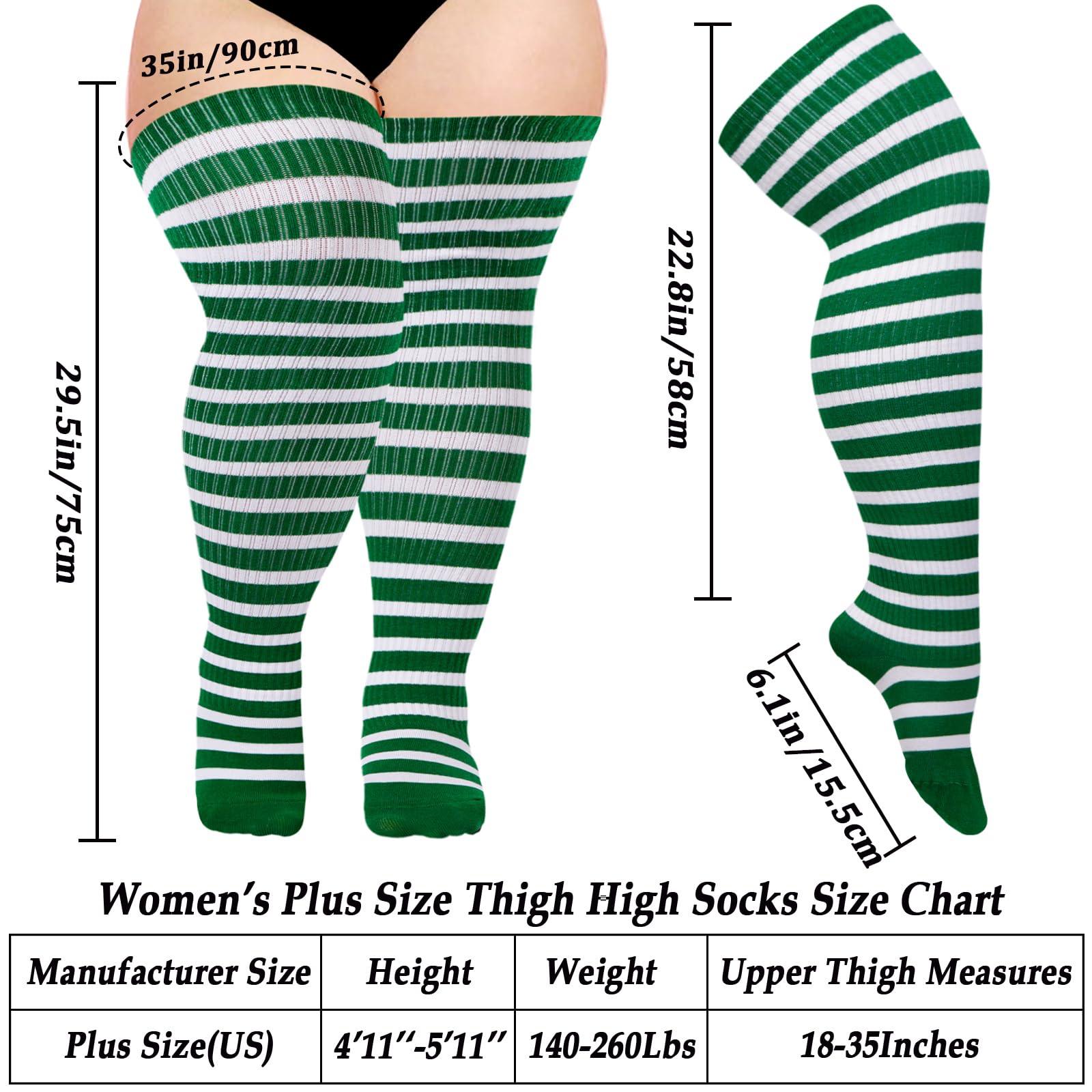 Cotton Plus Size Thigh High Socks-Green & White-Moon Wood