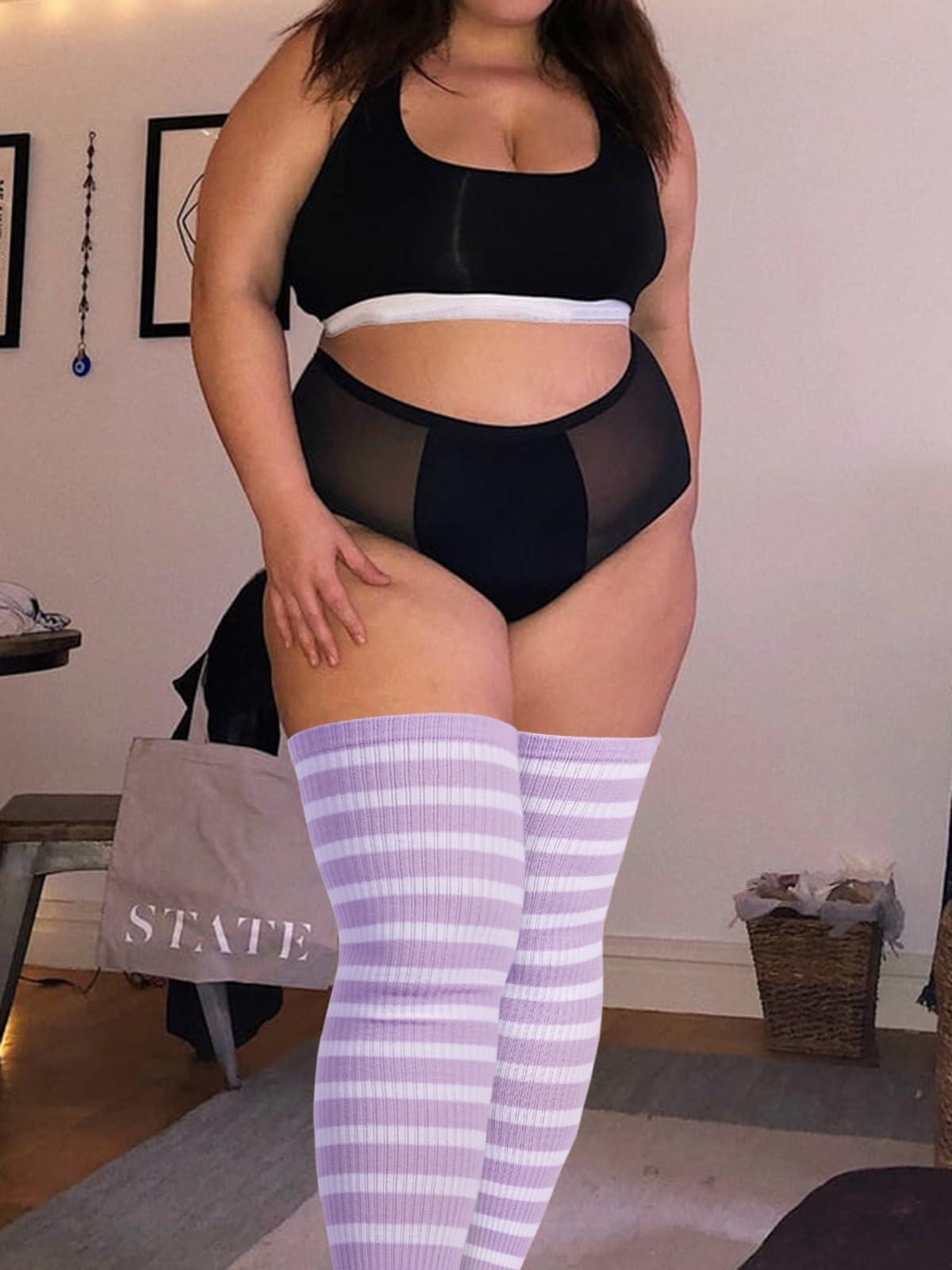 Cotton Plus Size Thigh High Socks-Light Purple & White-Moon Wood