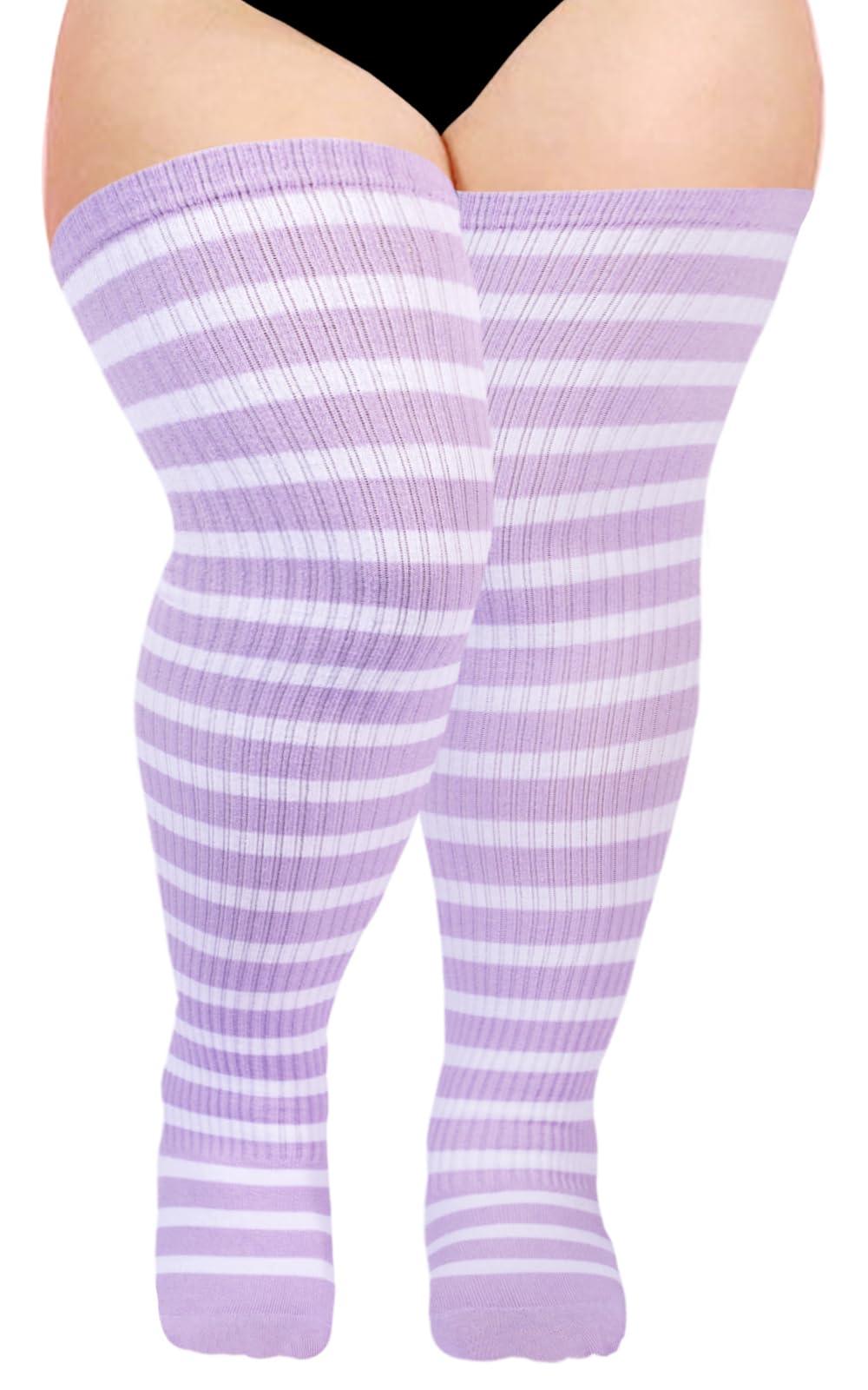 Cotton Plus Size Thigh High Socks-Light Purple & White-Moon Wood