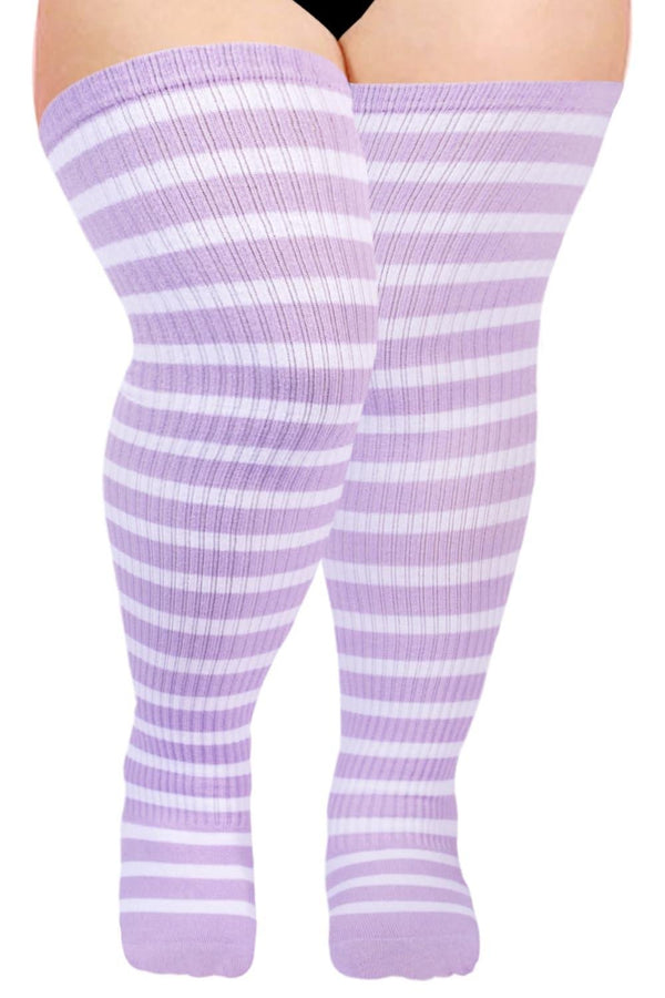 Cotton Plus Size Thigh High Socks-Light Purple & White-Moon Wood