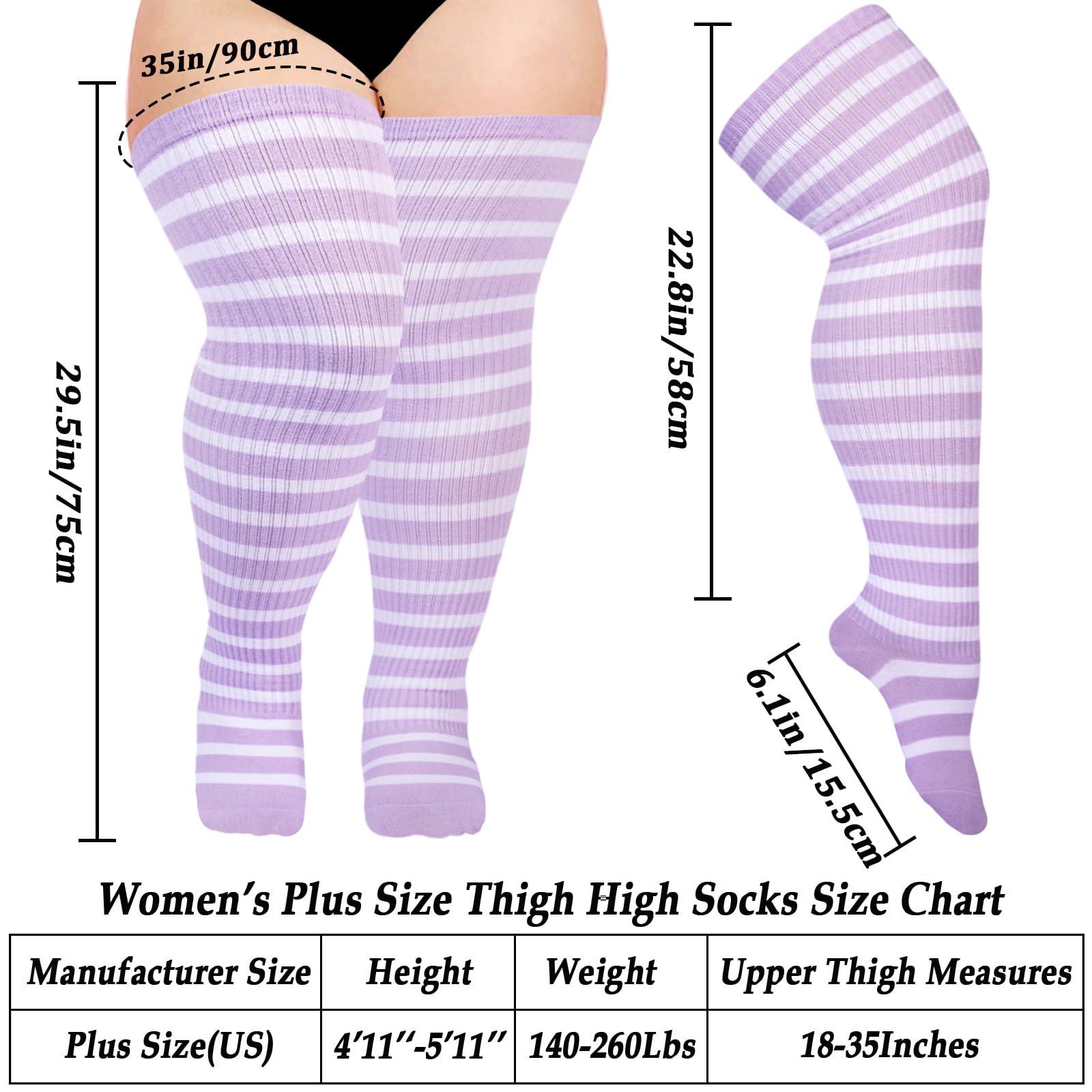 Cotton Plus Size Thigh High Socks-Light Purple & White-Moon Wood