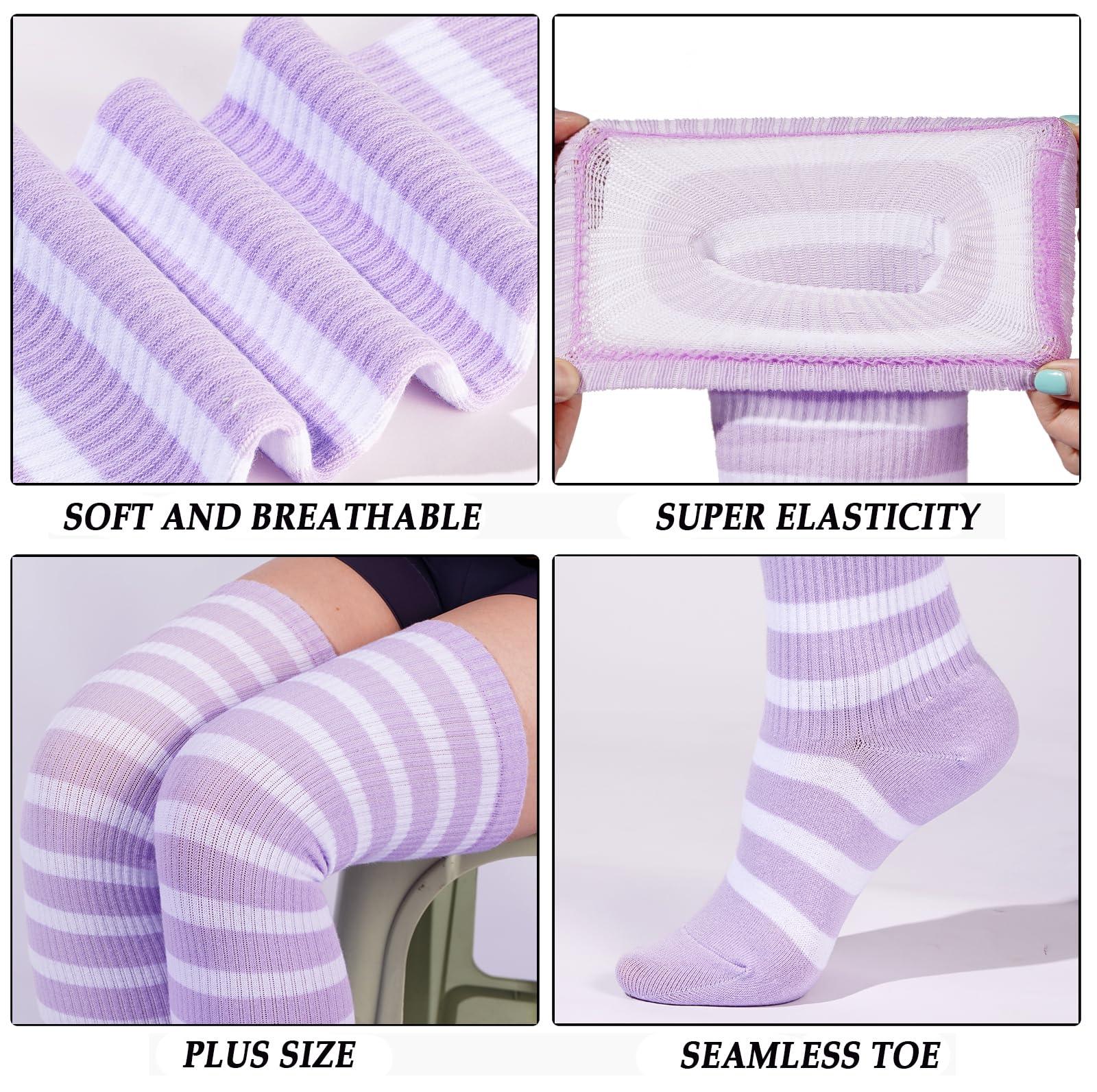 Cotton Plus Size Thigh High Socks-Light Purple & White-Moon Wood