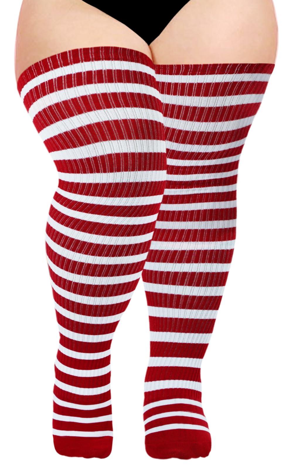 Cotton Plus Size Thigh High Socks-Red & White-Moon Wood