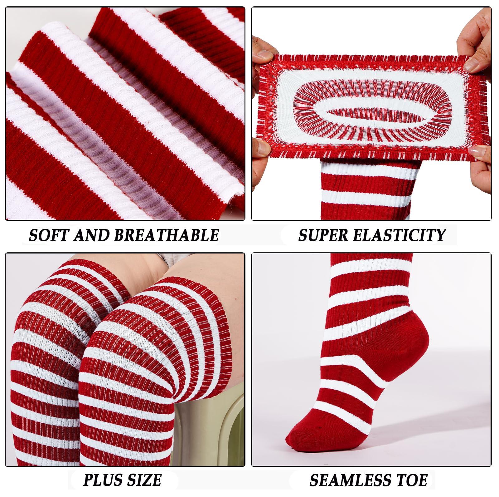 Cotton Plus Size Thigh High Socks-Red & White-Moon Wood