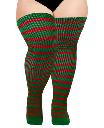 Cotton Plus Size Thigh High Socks-Green & Red