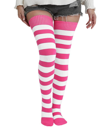 Cotton Thigh High Socks Striped - Rose White