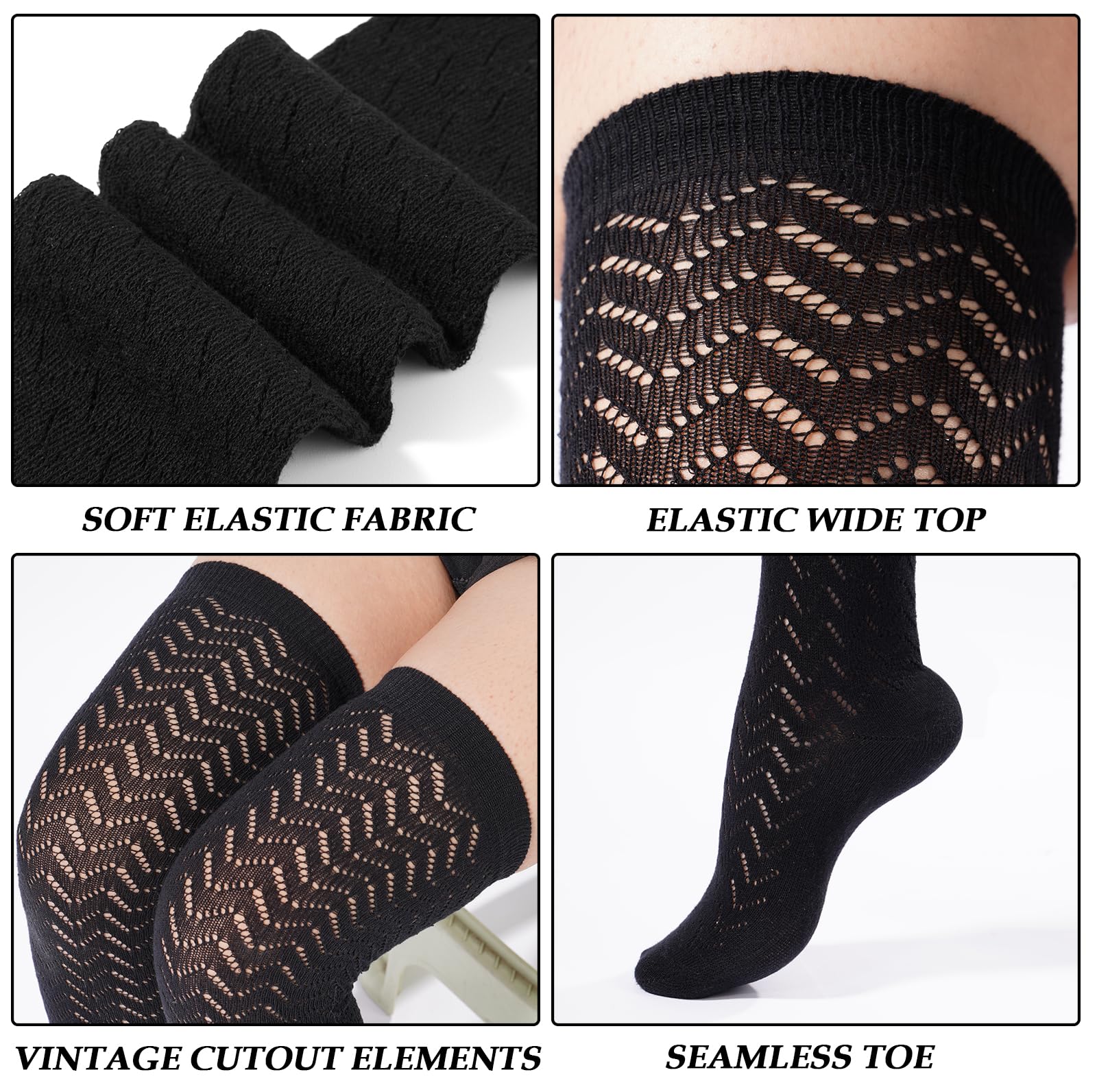 Cotton Thigh High Socks with Hollowing Mesh - Black - Moon Wood