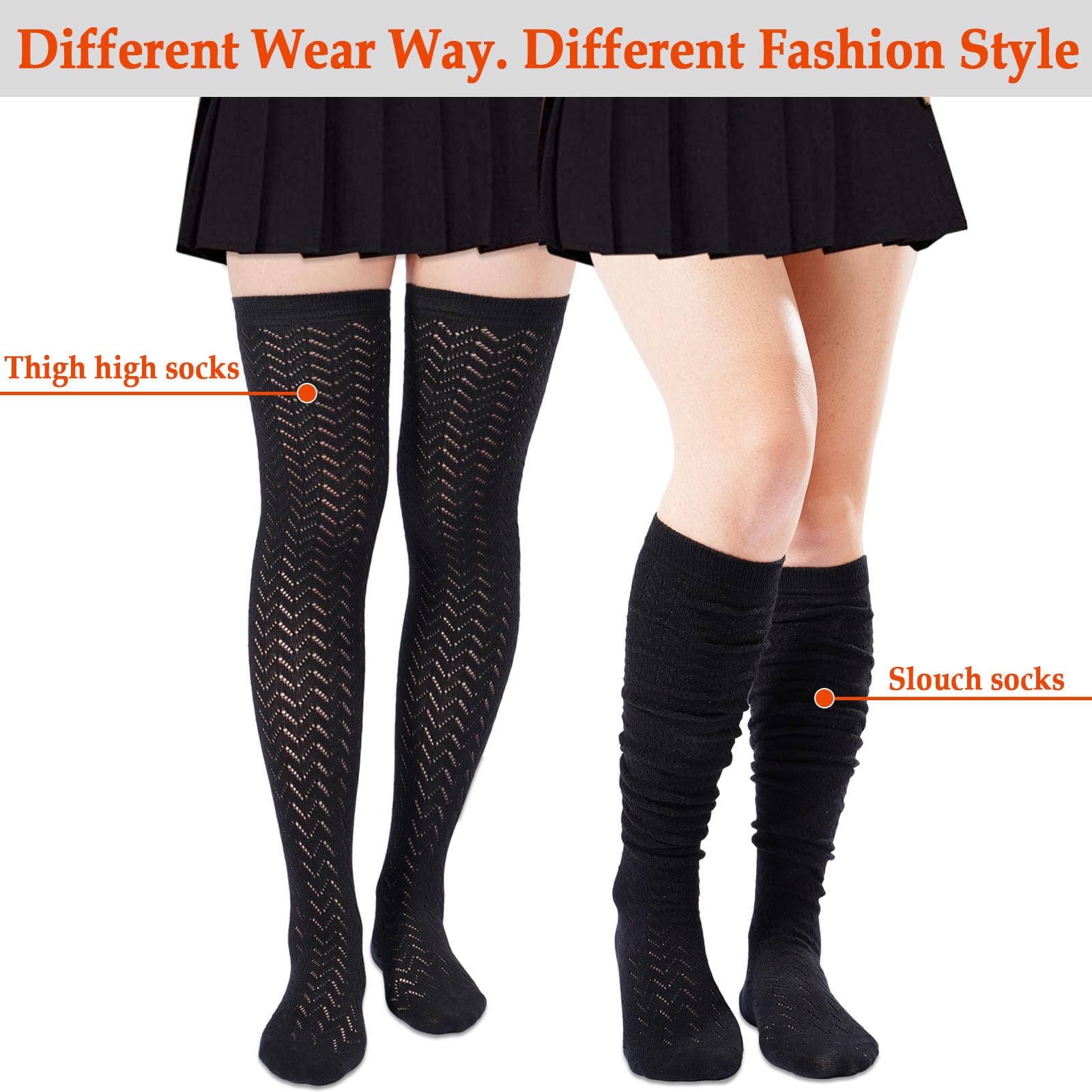 Cotton Thigh High Socks with Hollowing Mesh - Black - Moon Wood