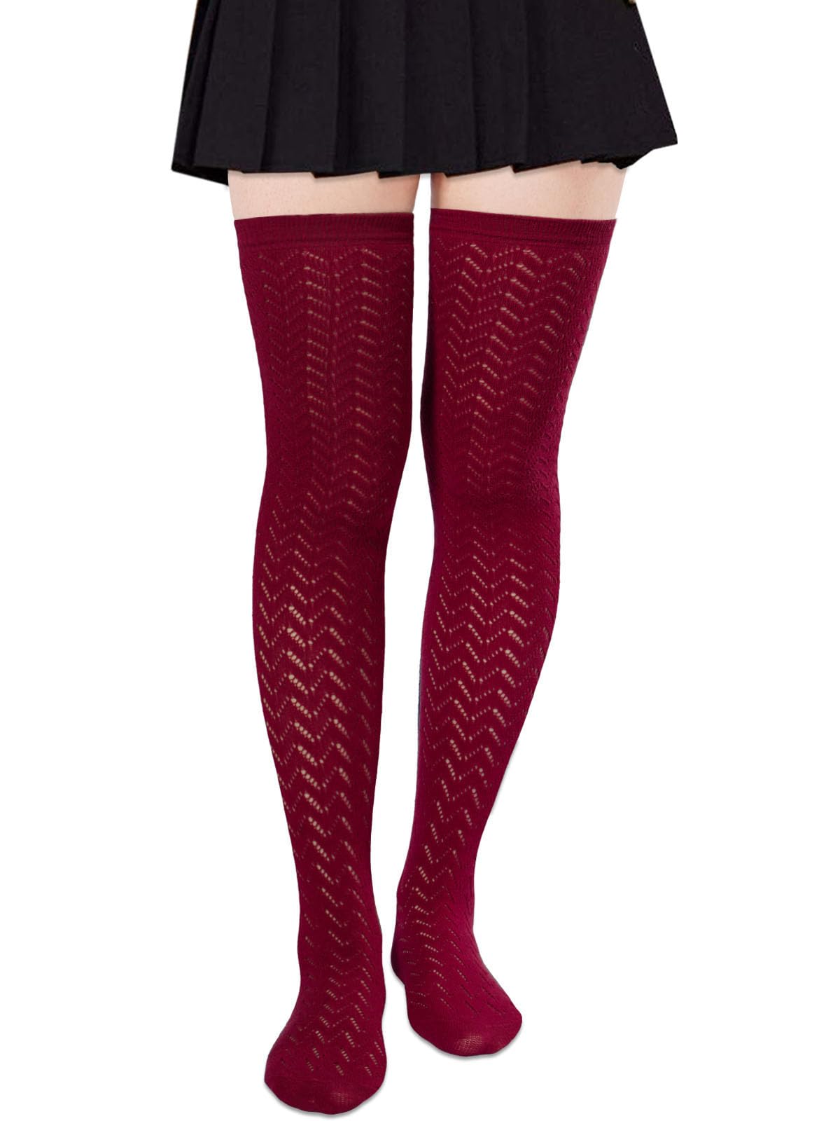 Cotton Thigh High Socks with Hollowing Mesh - Wine Red - Moon Wood