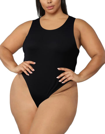 Crew Neck Sleeveless Slick Plus Size Bodysuit for Women - Black - Moon Wood