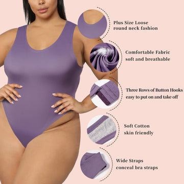 Crew Neck Sleeveless Slick Plus Size Bodysuit for Women - Lavender - Moon Wood