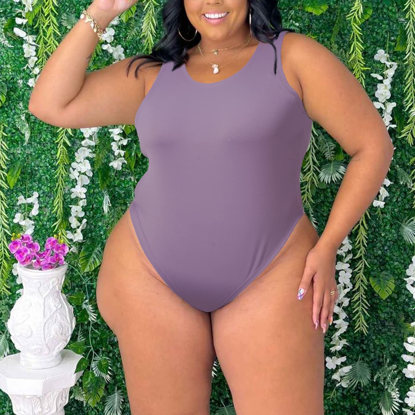 Crew Neck Sleeveless Slick Plus Size Bodysuit for Women - Lavender - Moon Wood