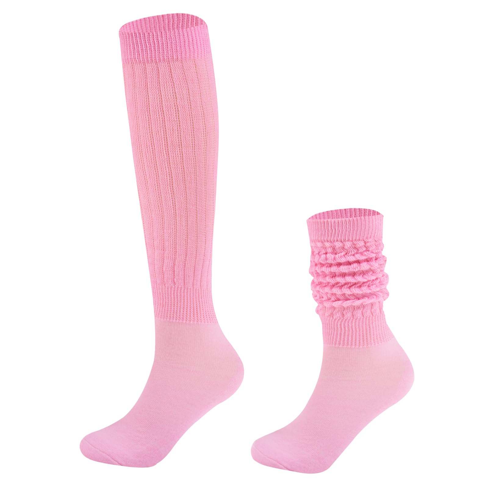 Extra Long Cotton Knit Knee High Thick Scrunch Socks-Light Pink