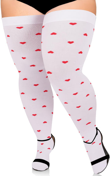 Extra Long Womens Opaque Over Knee High Stockings-White & Red