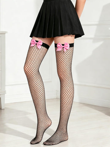 Black fishnet thigh-high stockings with two pink bow details at the top
